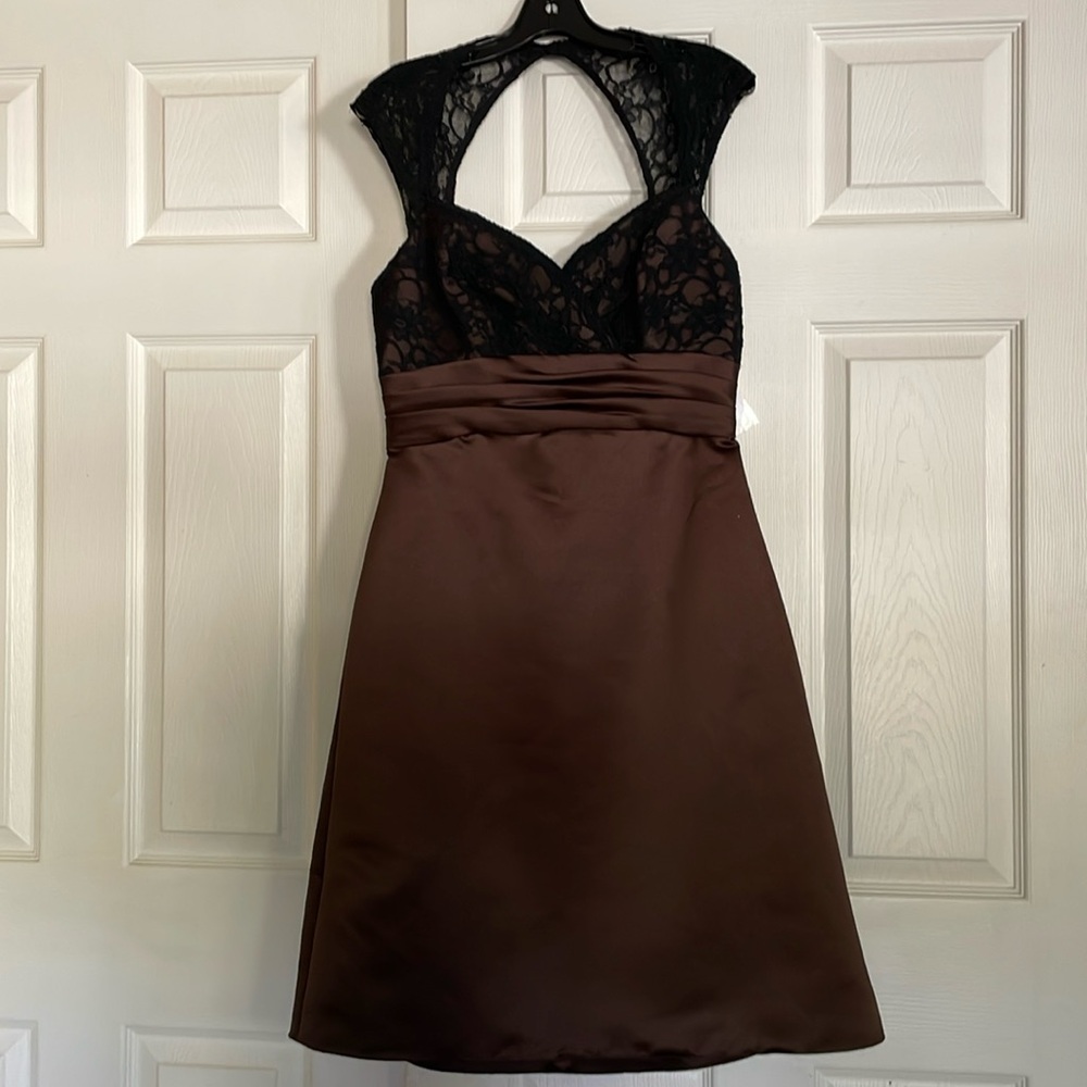 NWT WTOO by Watters Satin Knee Length Dress w/ Lace Bodice - Ebony/Cognac Sz 10
